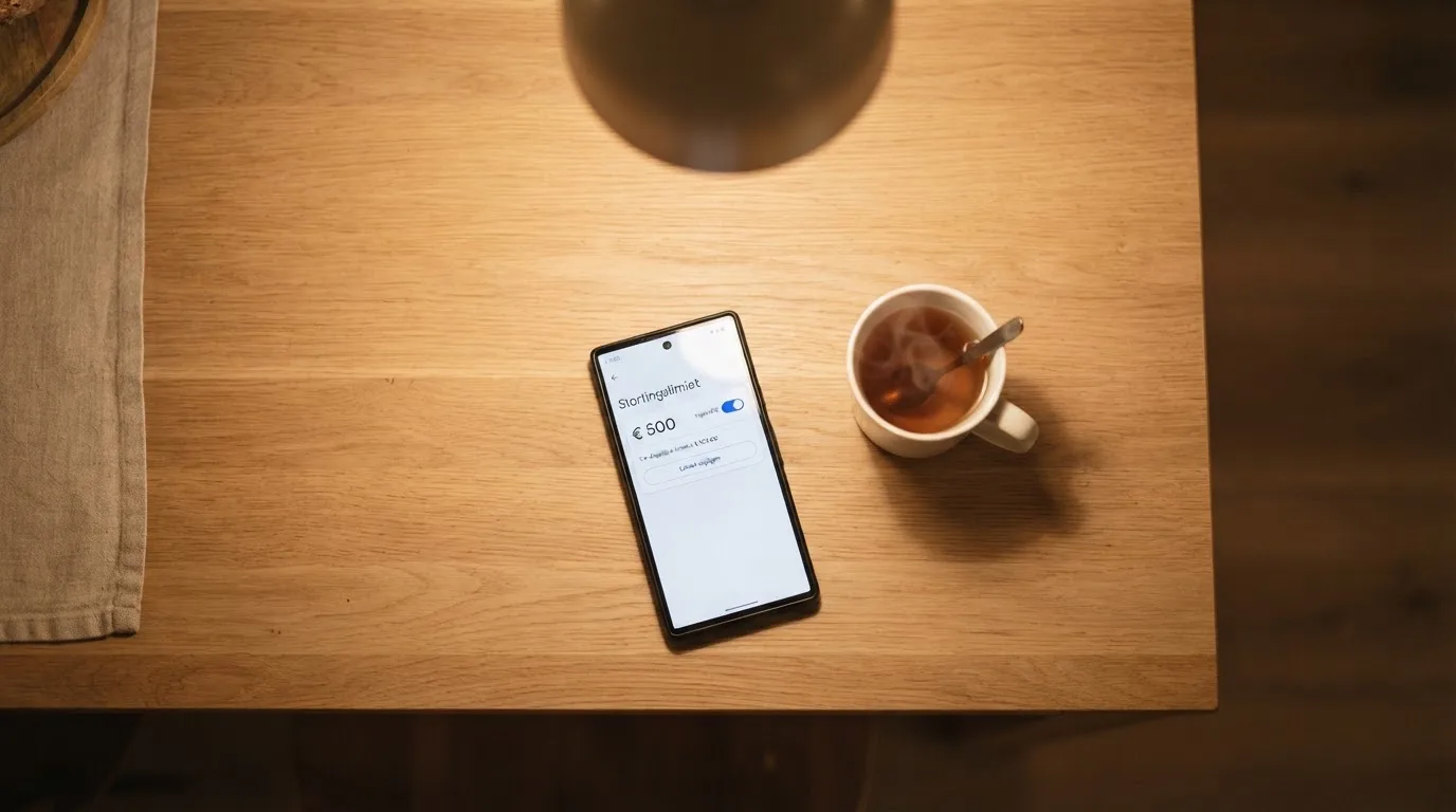 Een hand legt een smartphone naast een kopje thee op een keukentafel, een rustige avond